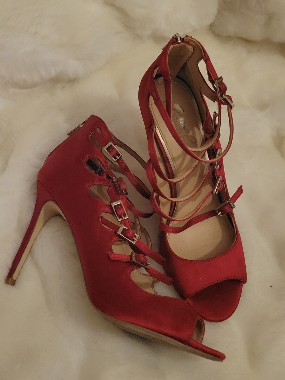 Jewel Badgley Mischka Red Strappy Peep-Toe High Heels